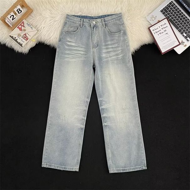 Men's Trendy Washed Blue Jeans High Street Summer Style Casual Wide Leg Trousers Loose Fit American Pants_mkmklike.com