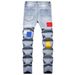 Men's Slim Fit Fashion Trousers Small Feet Embroidered Stretch Washed Blue Jeans Color Patch Foreign Trade Denim_mkmklike.com