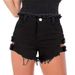 Black Denim Shorts For Women Frayed Edges Style Adjustable Elastic Waist Metal Buckle_mkmklike.com