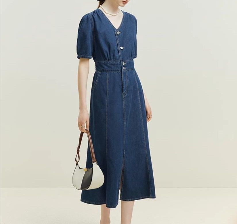 Fan Silan Denim Long Dress, Women's Summer New V-Neck Slim Fit Fishtail Dress_mkmklike.com