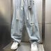 Men's Distressed Denim Pants Oversized Relaxed Fit Rope-Tie Blue Jeans Washed Vintage Style S-3XL_mkmklike.com