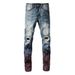 Men's Clothing American Fashion Brand Digital Printing Coconut Tree Pattern Spray Paint Hole Jeans Men's Elastic Slim Hole Jeans 6597_mkmklike.com
