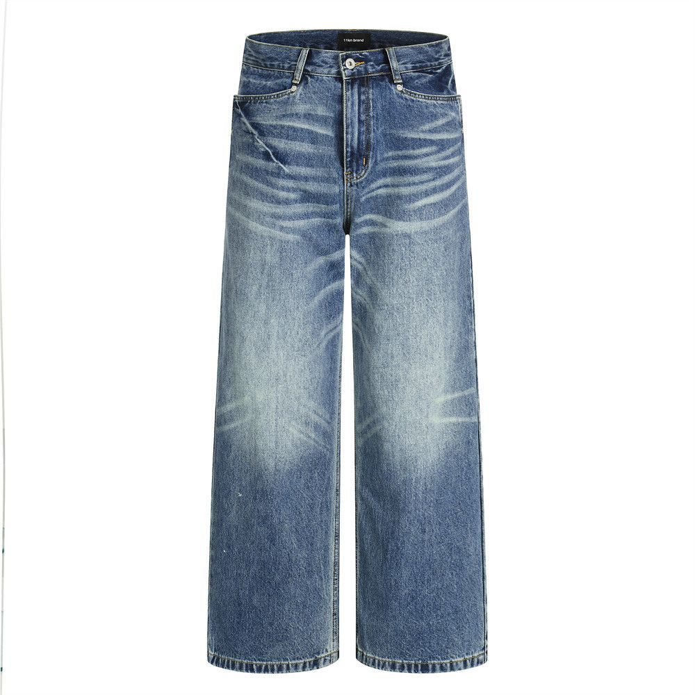 Washed Wave White Straight-Leg Jeans Punk Street Style Personality Pocket Loose Wide-Leg Pants For Men_mkmklike.com