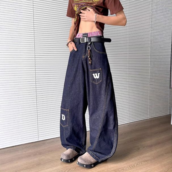 Men's Loose Straight Leg Jeans Cut off Curved Blade 2025 Spring New Style American Retro Letter Print Casual Pants_mkmklike.com