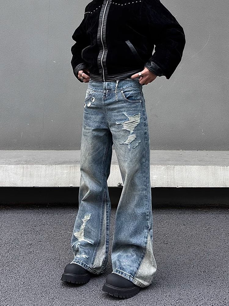 Men's Clothing 2025 American Deconstructed Stitching Double Waist Destroyed Jeans Men's Straight Slim Flared Cleanfit Pants_mkmklike.com