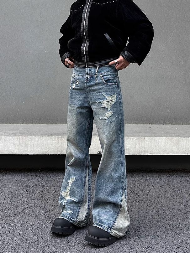 Men's Clothing 2025 American Deconstructed Stitching Double Waist Destroyed Jeans Men's Straight Slim Flared Cleanfit Pants_mkmklike.com