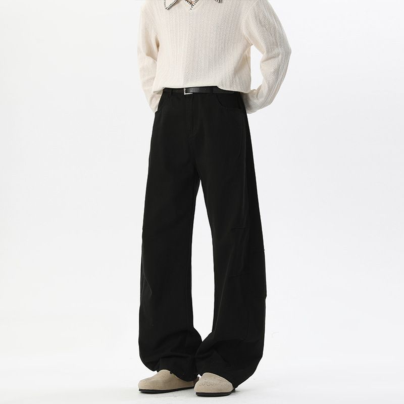 American High Retro Pleated Hip-hop Street Style Patchwork Washed Curved Hem Pants, Autumn Loose Plus-size Jeans For Men_mkmklike.com
