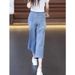 Women's Summer Thin Straight Leg Jeans Loose Fit Elastic Waist Cropped Wide Leg Pants Plus Size Pear Shaped Figures_mkmklike.com