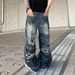 Men's Clothing Summer Street Retro Washed Knife Cut Ripped Jeans Unisex High Street Flared Slimming Floor Mopping Pants_mkmklike.com