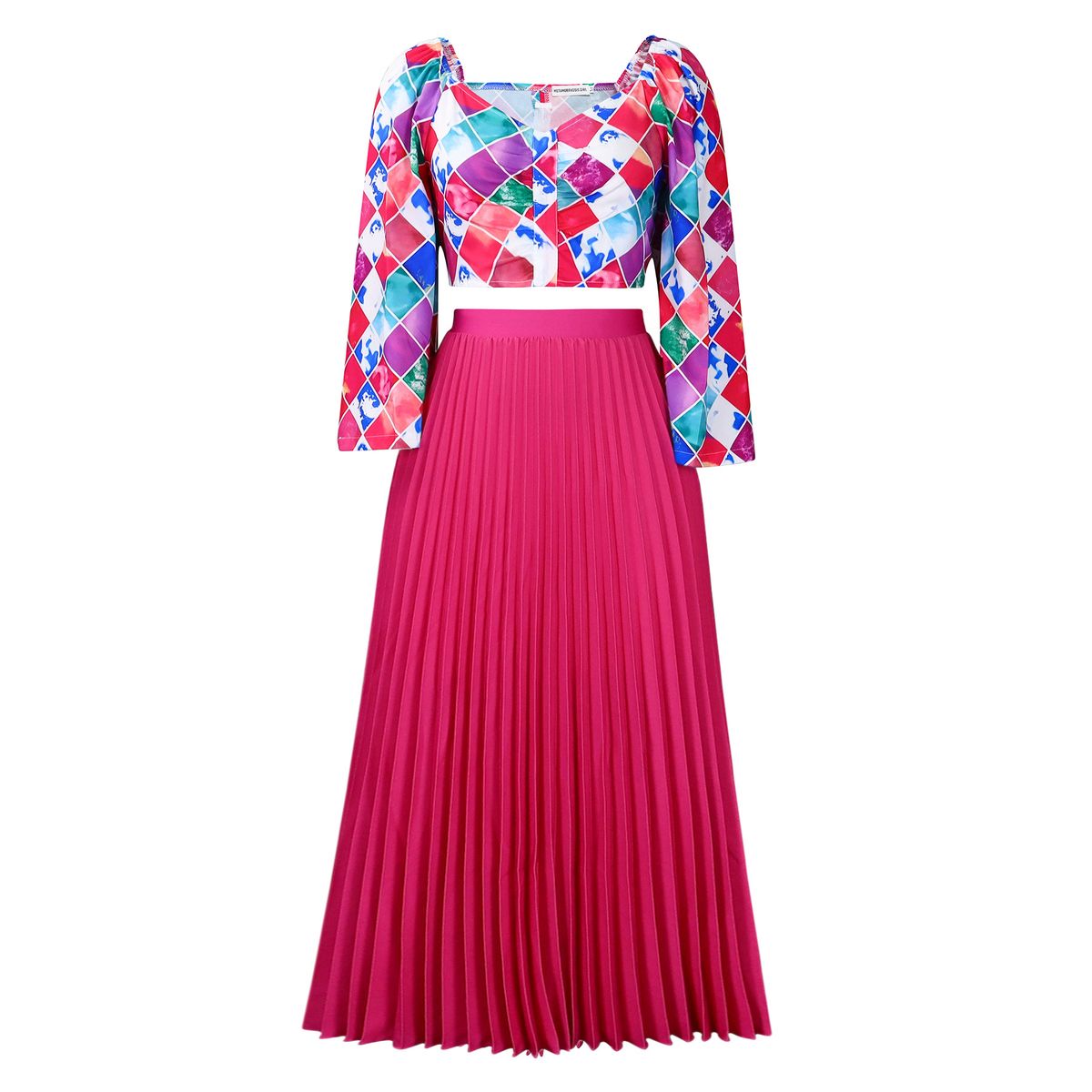 Women's Clothing women's summer new fashion V neck printed top pleated long skirt two piece suit_mkmklike.com