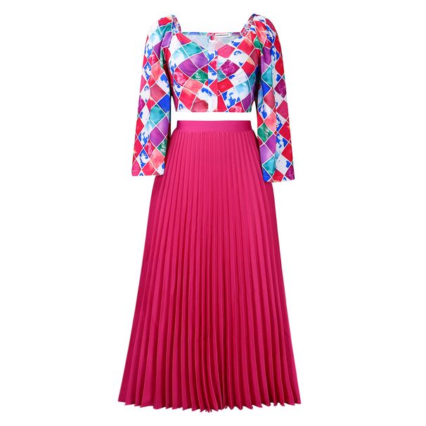 Women's Clothing women's summer new fashion V neck printed top pleated long skirt two piece suit_mkmklike.com