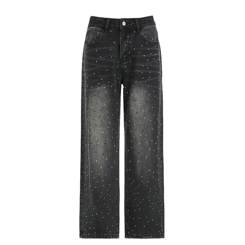 Women's Straight Jeans Street Style Basic Washed Gradient Color Glitter Hot Diamond Wide Leg Slimming Fit Denim_mkmklike.com