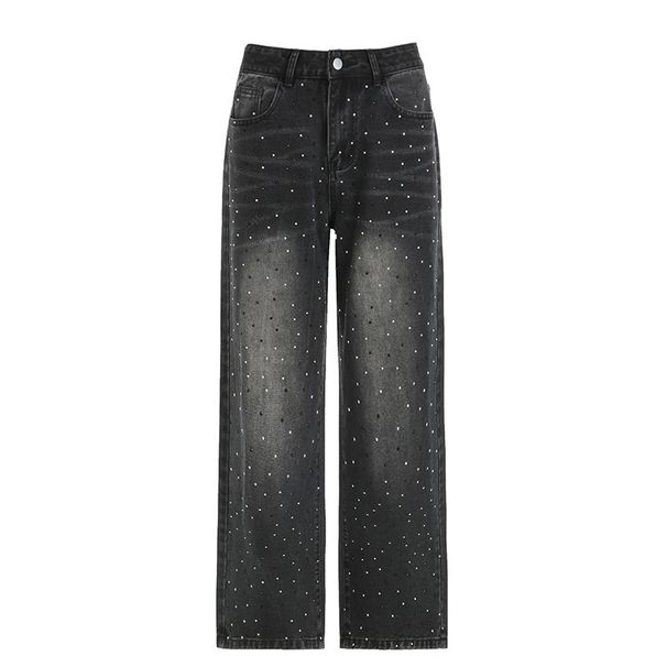 Women's Straight Jeans Street Style Basic Washed Gradient Color Glitter Hot Diamond Wide Leg Slimming Fit Denim_mkmklike.com