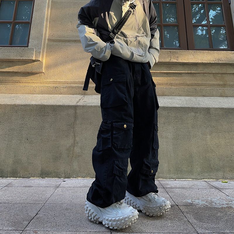 Men's Clothing Fashion Casual Trousers Loose Straight Wide Leg Multi Pocket Overalls For Men_mkmklike.com