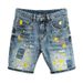 Men's Clothing Washed Blue Ripped Denim Shorts Men's Trendy Ink Splash Graffiti Slim Fit Five Point Pants_mkmklike.com