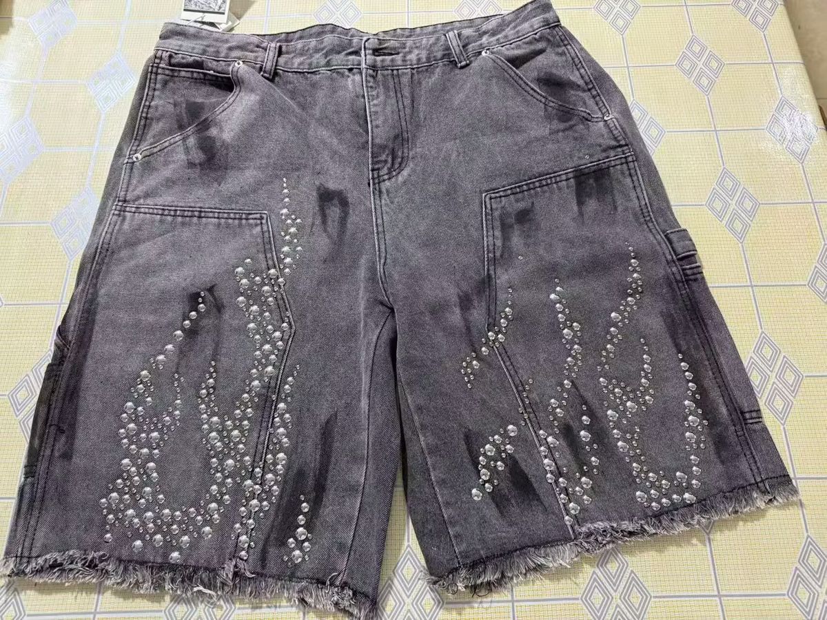 Men's Clothing Heavy Diamond Studded Denim Shorts Men's Fashion Trend Style Personality Street Summer Casual Loose Shorts_mkmklike.com
