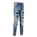 Men's Distressed Patchwork Slim Fit Jeans | High Street Fashion | Stretch Denim | Washed Blue | Streetwear Pants_mkmklike.com
