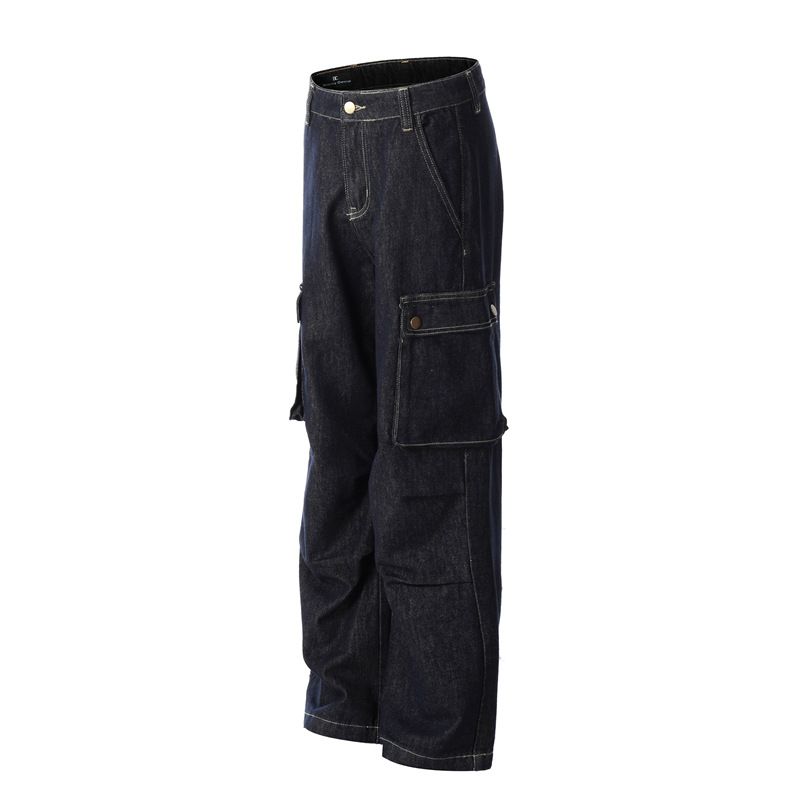 Men's Clothing Multi Pocket Straight Retro Overalls Denim Pleated Loose Jeans_mkmklike.com