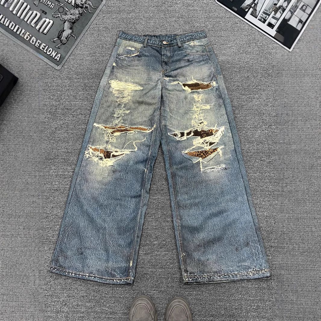 Men's Clothing Ripped Jeans Youth Retro Trend Loose Straight Long Pants_mkmklike.com