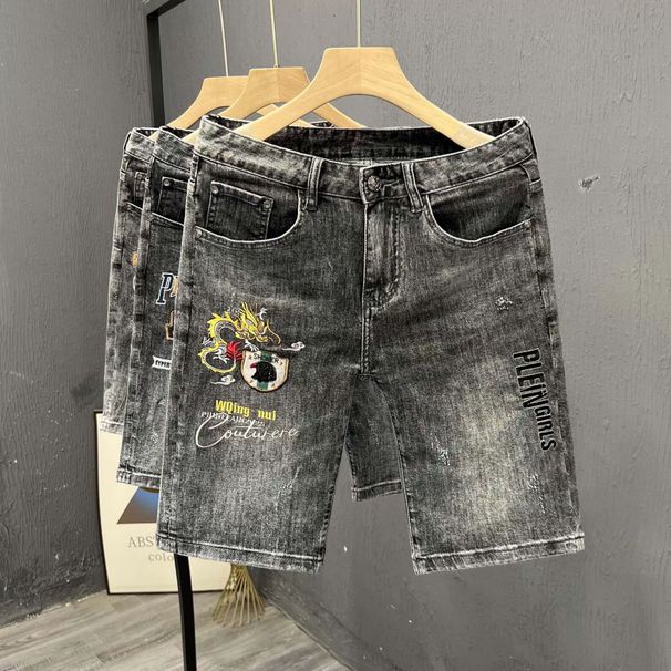 Men's Summer Printed Denim Shorts Slim Fit Mid-Length Casual Breeches Trendy Elastic Thin Pants_mkmklike.com