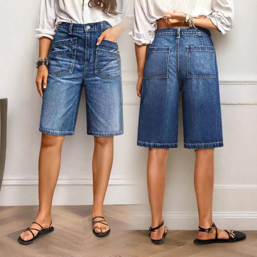 Women's Retro Distressed Mid-Rise Straight Leg Jeans Water Wash Stretch Cross Border Trade Shorts from Europe & America_mkmklike.com