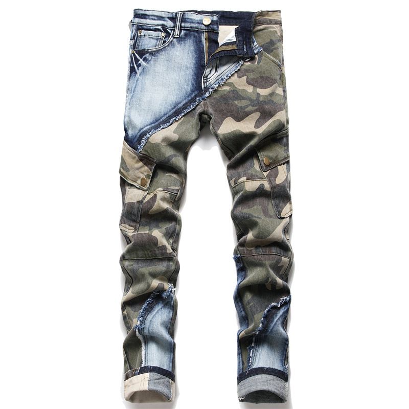 2025 New Jeans Men's Slim-fit Elastic Camouflage Splicing Color Men's Small-footed Jeans Tide_mkmklike.com