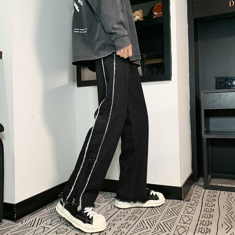 Suitable For All Seasons Straight-Leg Floor-Length Draped Jeans For Men, Loose Fit, High Street Style, Split Zipper Design, Unique And Stylish_mkmklike.com