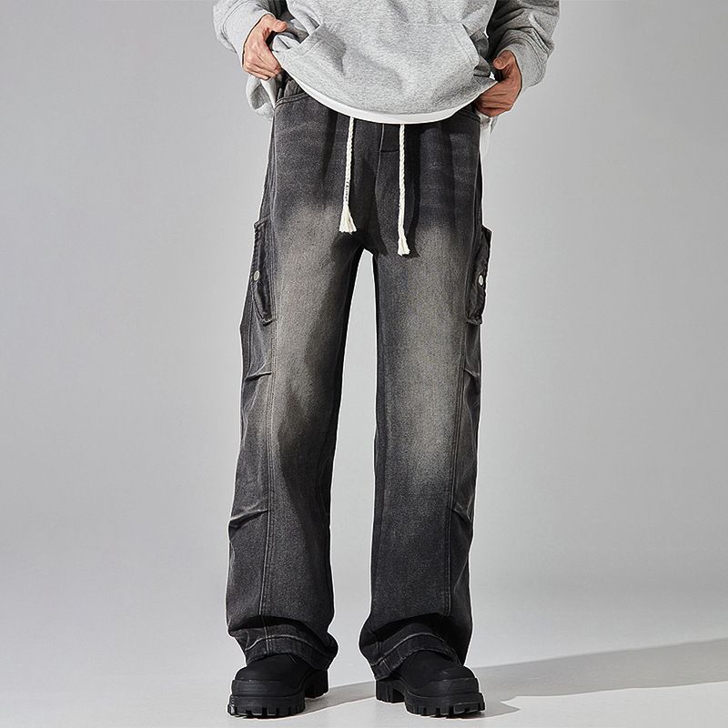 Men's Clothing Men's Spring And Autumn Loose Washed Retro High Street Straight Drawstring Overalls_mkmklike.com