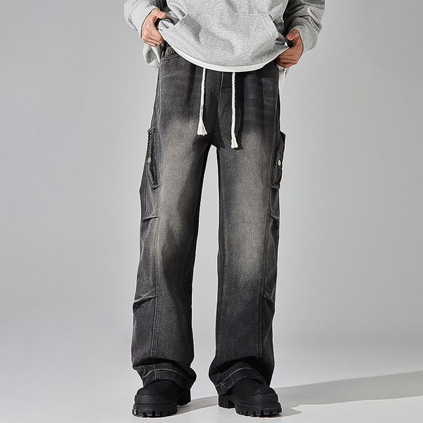 Men's Clothing Men's Spring And Autumn Loose Washed Retro High Street Straight Drawstring Overalls_mkmklike.com