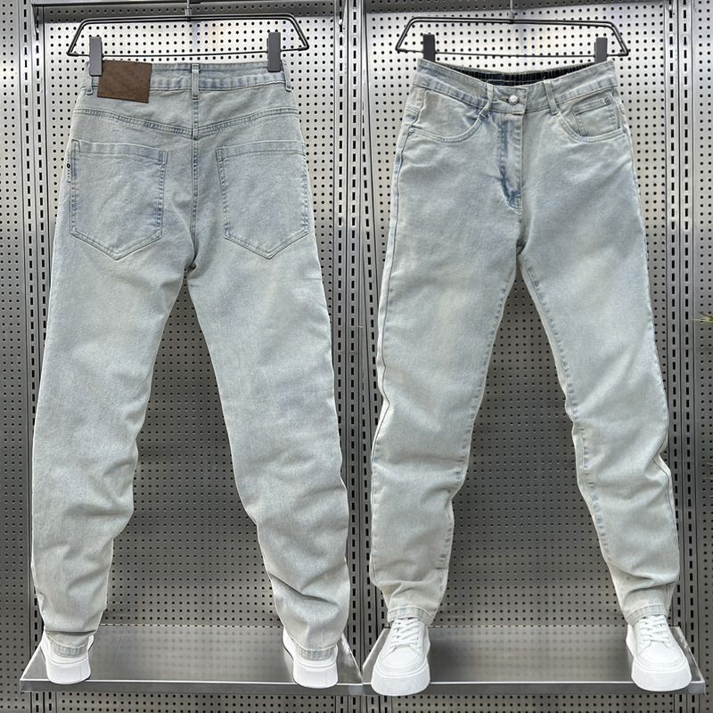 Men's Trendy Versatile Straight Leg Cropped Jeans Summer Denim Stretchy Washed Harem Style Casual Fashionable Dad Mid Waist Blue Black_mkmklike.com