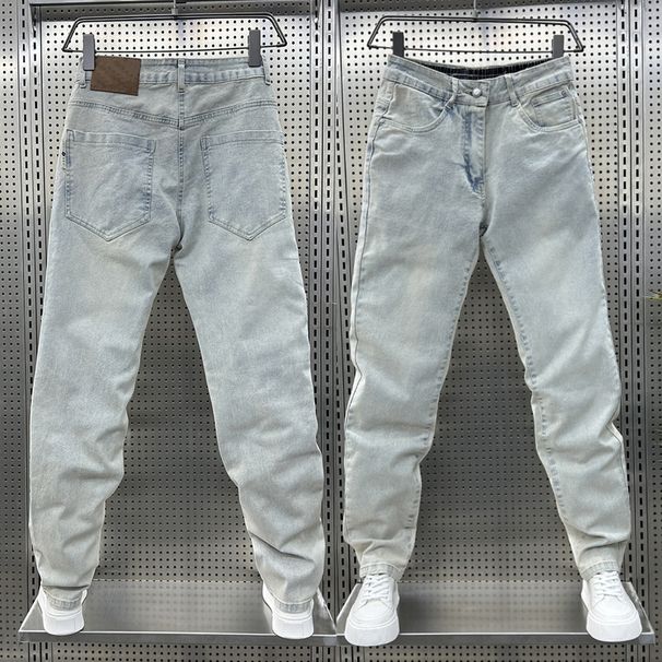 Men's Trendy Versatile Straight Leg Cropped Jeans Summer Denim Stretchy Washed Harem Style Casual Fashionable Dad Mid Waist Blue Black_mkmklike.com