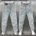 Men's Trendy Versatile Straight Leg Cropped Jeans Summer Denim Stretchy Washed Harem Style Casual Fashionable Dad Mid Waist Blue Black_mkmklike.com