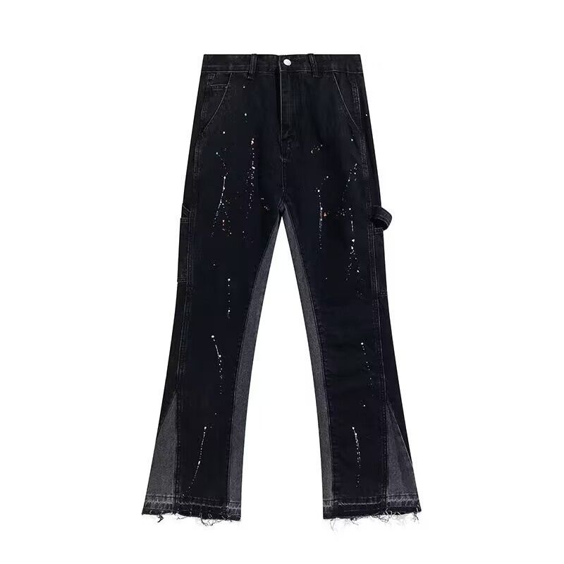 Men's Clothing Trendy High Street Ink Splashed Splicing Vibe Style Flared Jeans For Men And Women Ins Loose Floor Length Straight Trousers_mkmklike.com