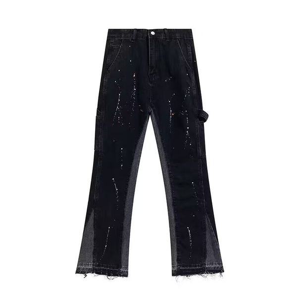 Men's Clothing Trendy High Street Ink Splashed Splicing Vibe Style Flared Jeans For Men And Women Ins Loose Floor Length Straight Trousers_mkmklike.com