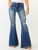 Women's Clothing Women's High-Waisted Stretch Flared Jeans - Distressed Retro Bootcut Denim Pants With Fringe Hem (Blue & Black)_mkmklike.com