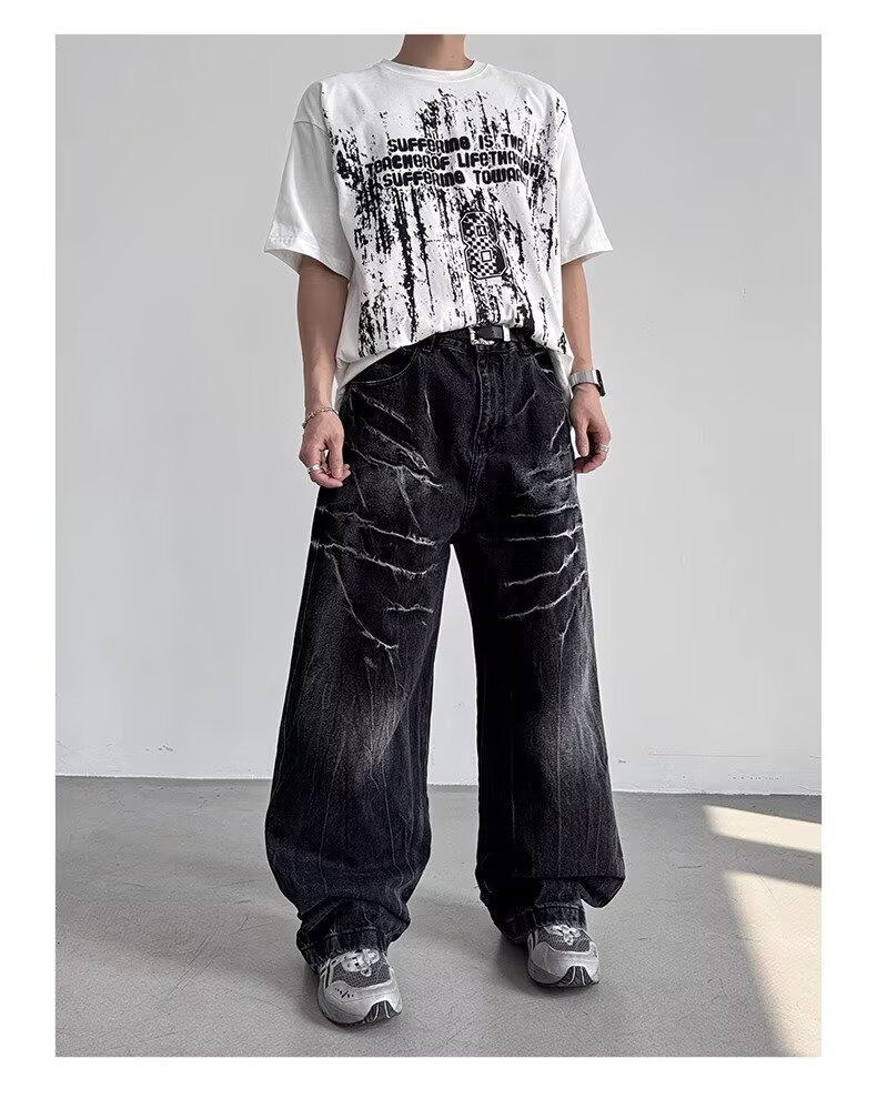 American Style Rivet Lightning Denim Jeans For Men And Women, Wide-Legged Distressed Wash Vintage Drop-Crotch Trousers, Trendy Streetwear Design_mkmklike.com