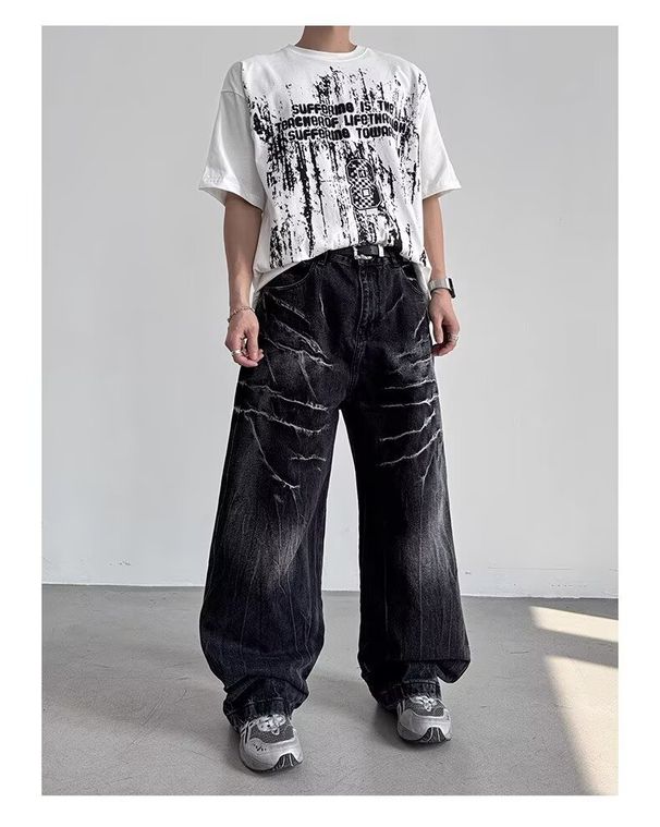 American Style Rivet Lightning Denim Jeans For Men And Women, Wide-Legged Distressed Wash Vintage Drop-Crotch Trousers, Trendy Streetwear Design_mkmklike.com
