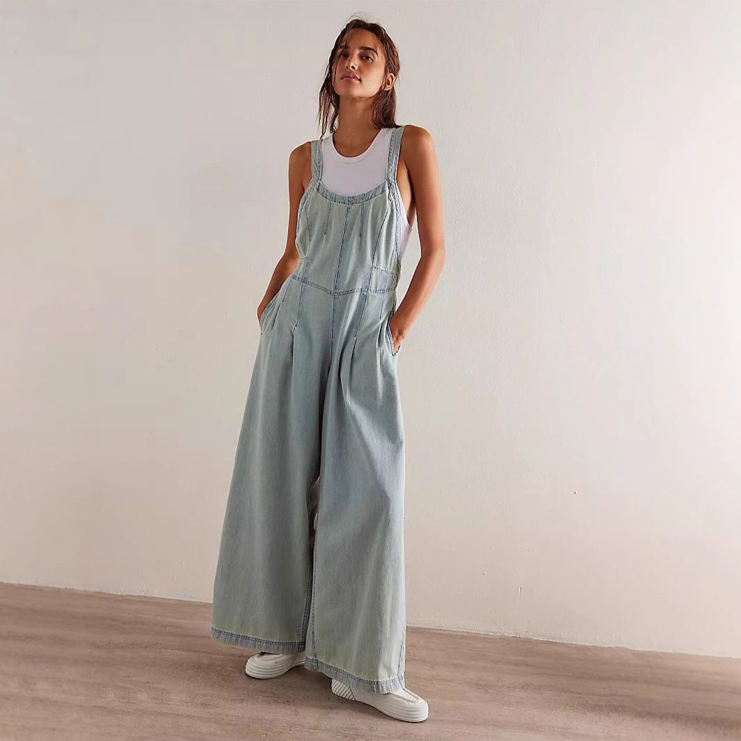 Women's Loose Wide Leg Denim Overalls Casual Solid Color Polyester Spring/Autumn Summer Regular Fit Jeans_mkmklike.com