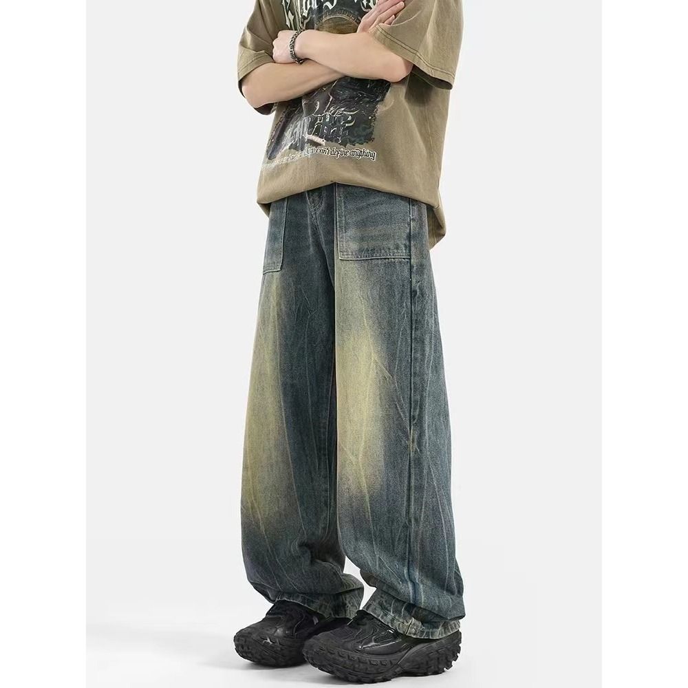 Men's Vintage Washed Black Straight Leg Jeans – High Street Workwear Vibe & Urban Streetwear Pants_mkmklike.com