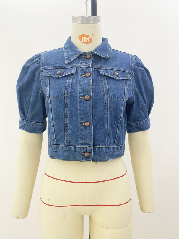 K New Denim Jacket With Short Sleeves And Puffy Sleeves For Women_mkmklike.com