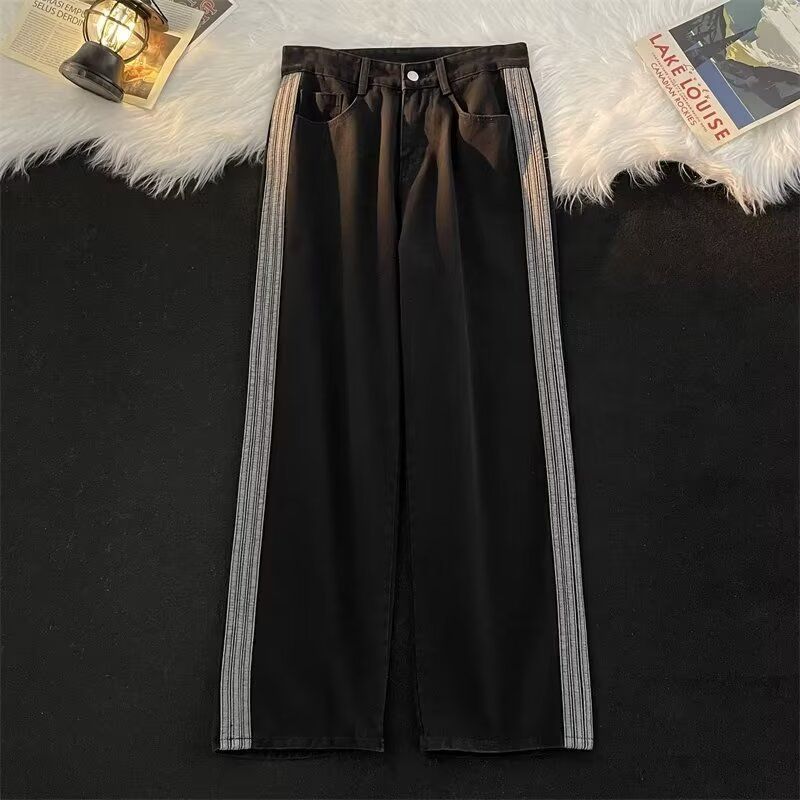 Men's Clothing Washed Distressed Vintage Blue Jeans High Street Striped Loose Straight Wide Leg Pants_mkmklike.com