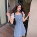 ELLE Square Neck Puff Sleeve Summer Thin Waist Slimming Petite Denim Short Dress_mkmklike.com