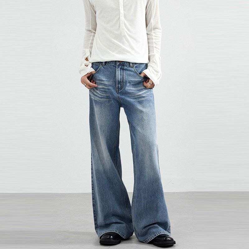 Washed Denim Jeans – Unisex High-Waisted Straight-Leg Pants, Cleanfit A-Line Silhouette, 77.6% Cotton, Vintage Blue, No Stretch_mkmklike.com