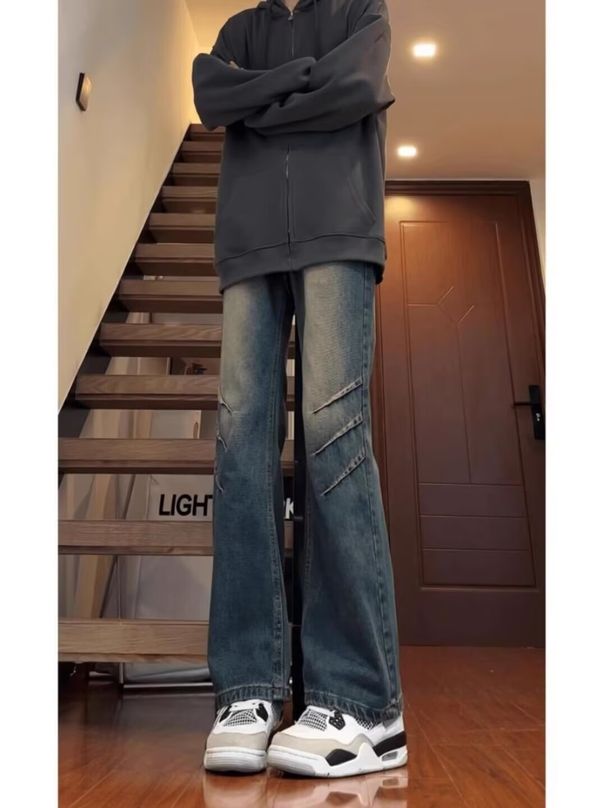 Blue Pleated Micro Flared Jeans For Boys, American Street Vibe Upgrade Pan, High Waisted Straight Leg Curved Knife_mkmklike.com