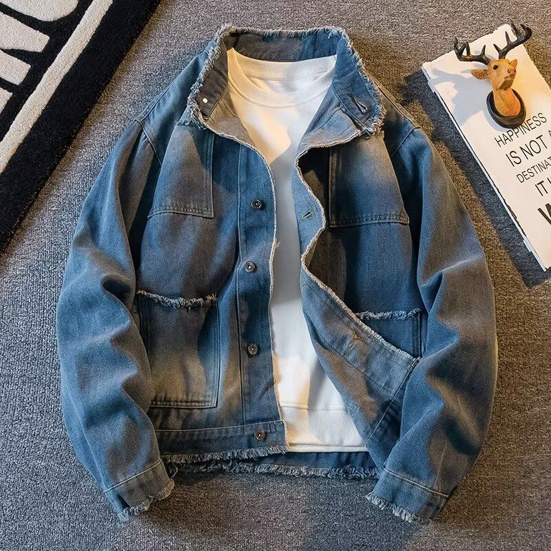 Trendy Men's Long Sleeved Loose Casual Spring Denim Jacket With Collar, Workwear Jacket, Light Blue Top, High-End_mkmklike.com