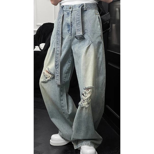 Men's Light Blue Distressed Denim Jeans With Deconstructed Pleats, Loose Fit Wide Leg Cargo Pants For Street Style_mkmklike.com