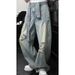 Men's Light Blue Distressed Denim Jeans With Deconstructed Pleats, Loose Fit Wide Leg Cargo Pants For Street Style_mkmklike.com