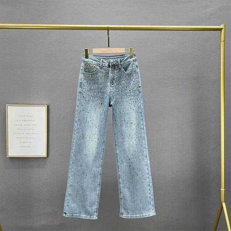 European Jeans For Women New Summer Cotton Elastic High Waist Loose Slim Heavy Hot Diamond Wide Leg Pants Trousers_mkmklike.com