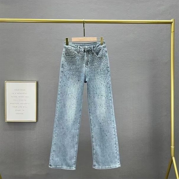 European Jeans For Women New Summer Cotton Elastic High Waist Loose Slim Heavy Hot Diamond Wide Leg Pants Trousers_mkmklike.com