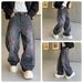 Electric Purple-Gray Washed Denim Jeans - Straight Leg Graffiti-Inspired Pants With Distressed Details For Men_mkmklike.com